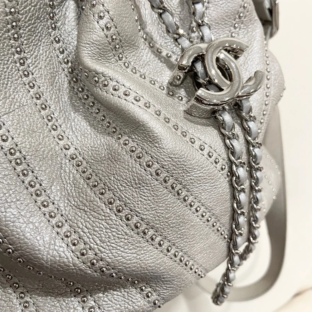 Chanel drawstring Metallic Calfskin Studded Chevron Quilted Crossbody - Picture 6 of 13